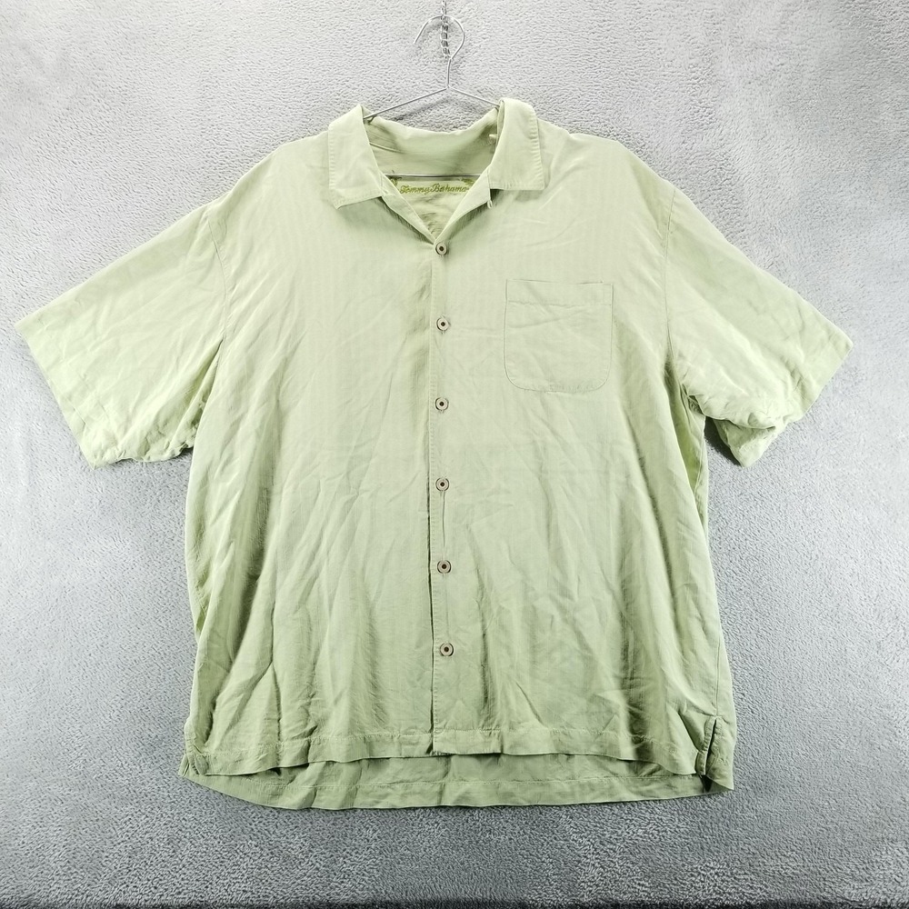 Tommy Bahama Shirt Mens XL Green 100% Silk Short Sleeve Camp Loop Collar‎